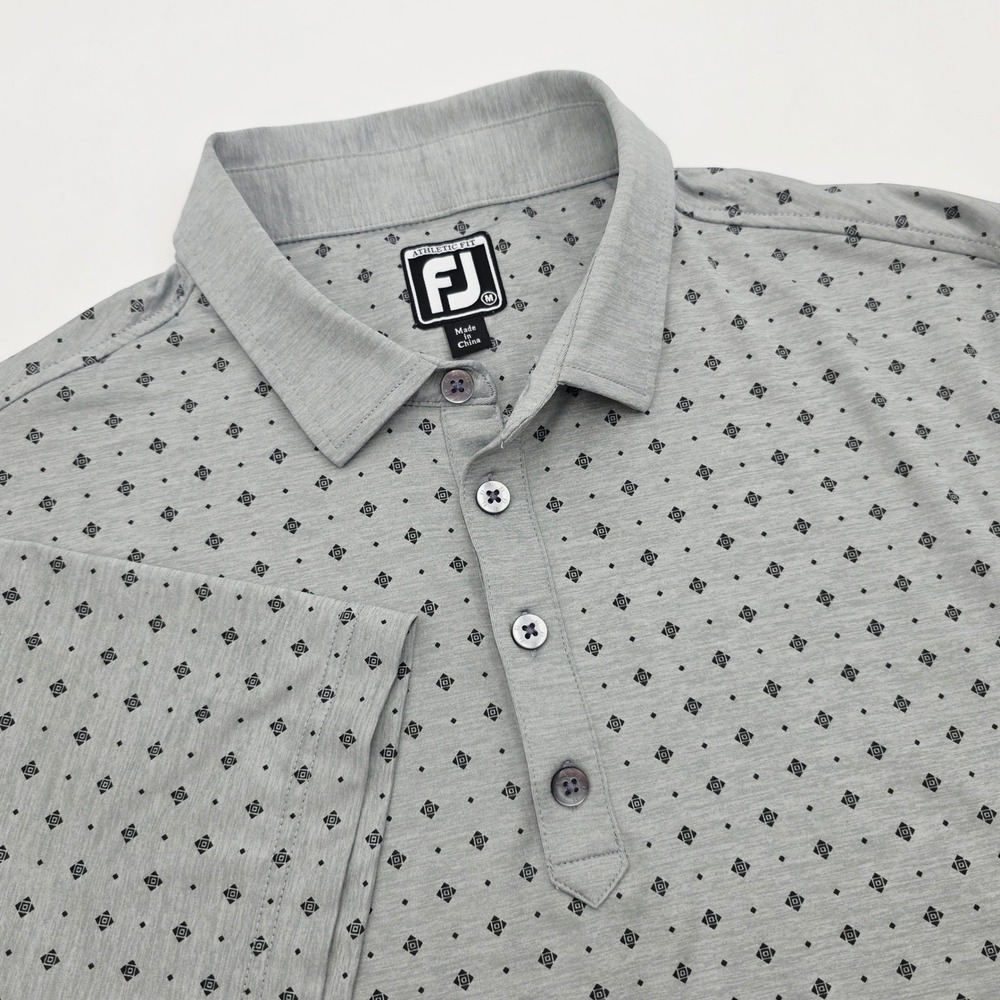 FootJoy Mens Athletic Fit Golf Polo Shirt Gray Geometric Print Medium FJ Logo